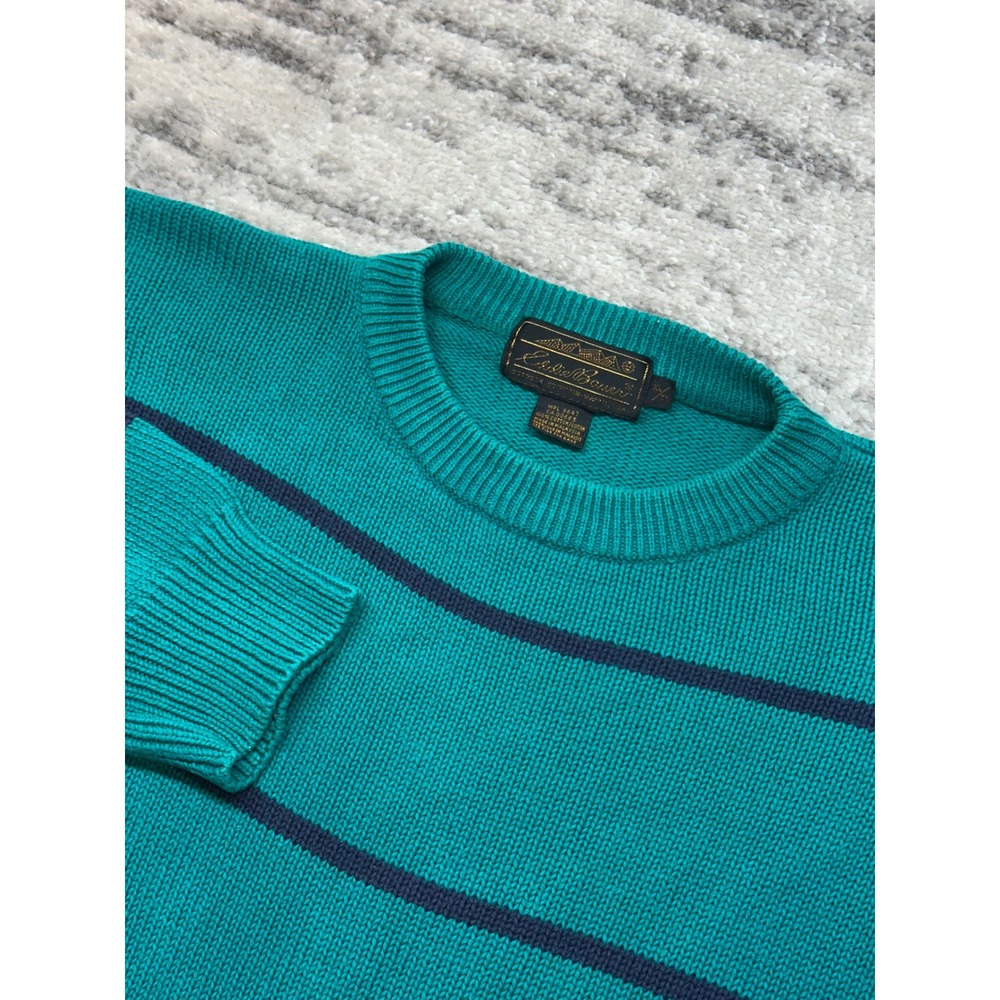 Eddie Bauer Sweater Mens XL Teal Striped VTG 90s Cotton Knit Crewneck Fisherman